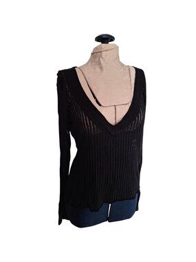 100% Cotton Black Transparent Long Sleeved Top V-neck Witchy Goth Sexy Size L